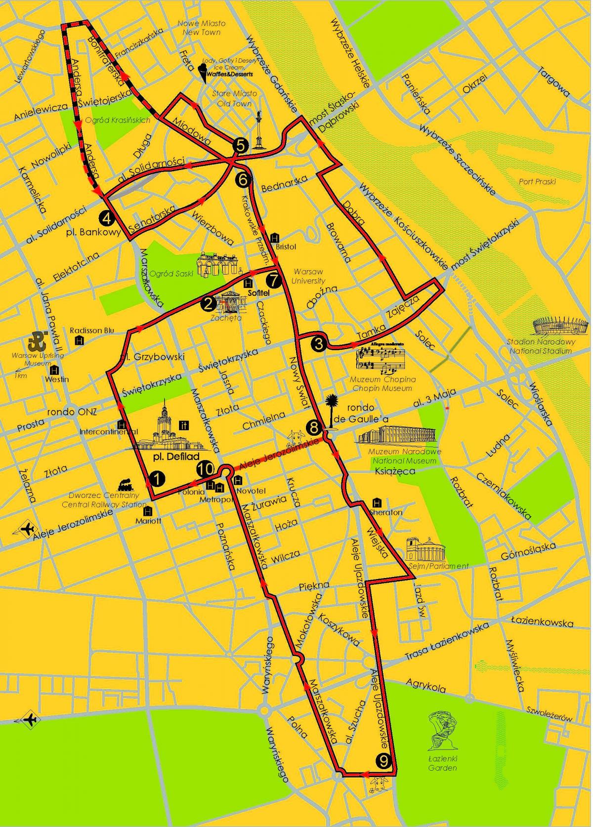 Mapa de Varsòvia hop on hop off bus 